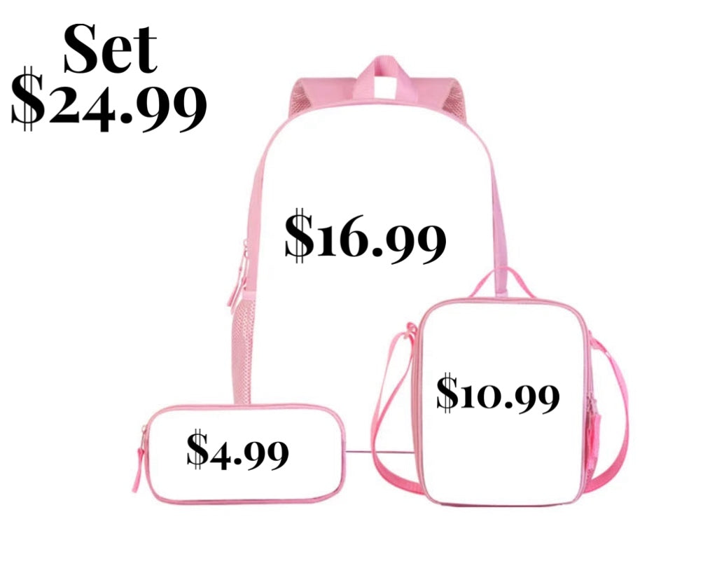 Sublimation Backpack, lunch tote , pencil pouch INDIVIDUALLY (set will discount automatically) We Sub’N