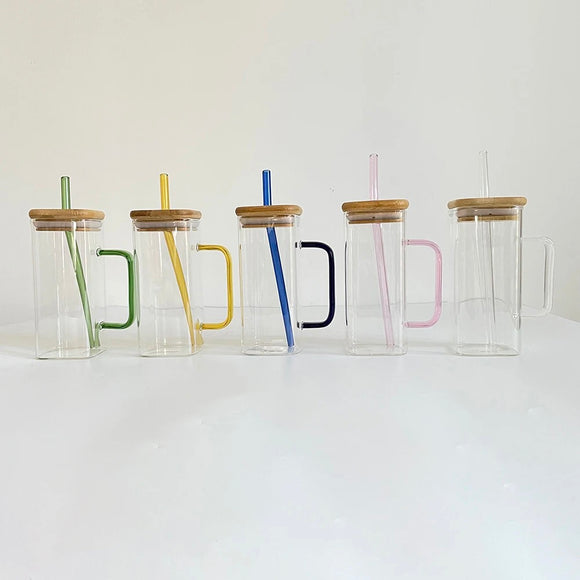 sublimation Square Glass Mug with colorful glass straw for sublimation printing