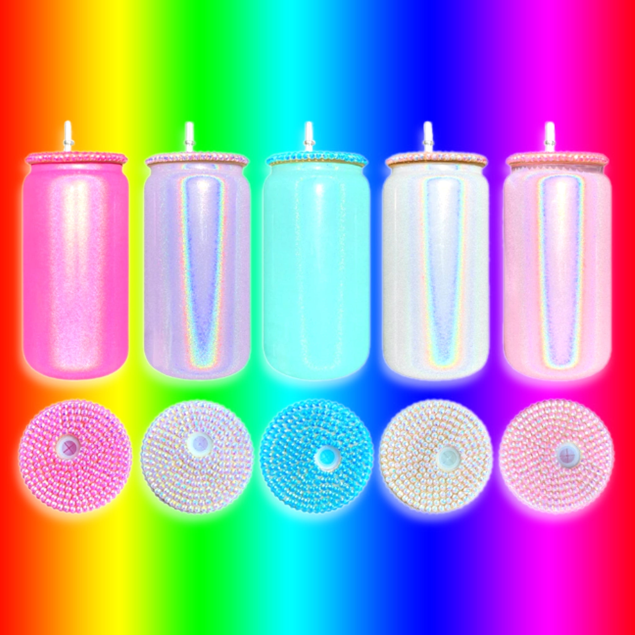 16oz Sublimation Blank Glow in Dark Iridescent Glitter Glass Jar Cans Tumblers (Includes Bamboo Lid Straw), Green