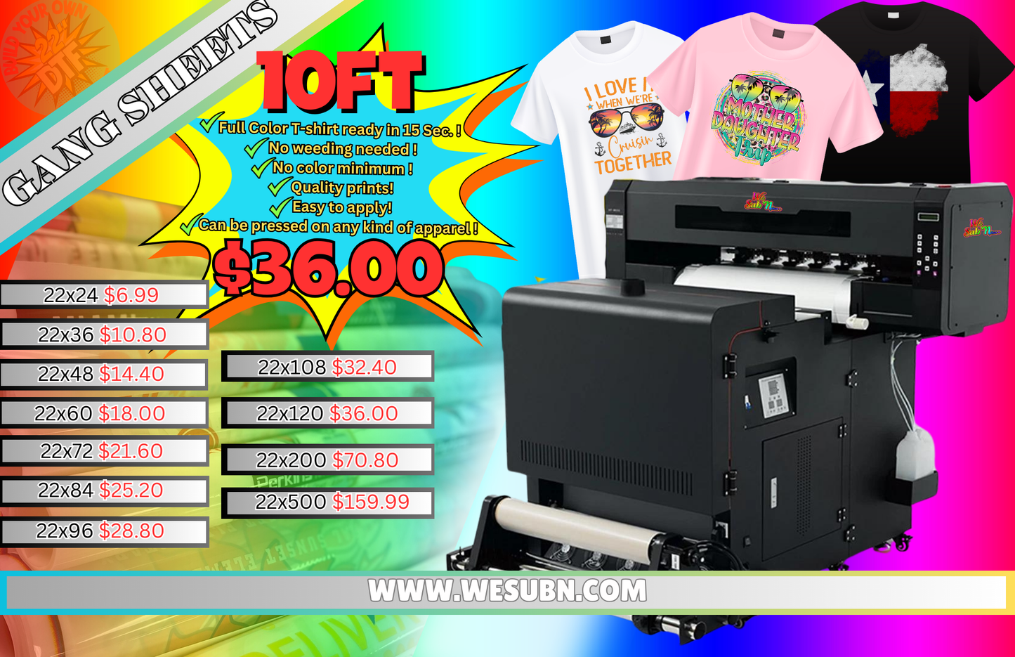 Custom READY TO PRINT dtf gang sheet Orders placed before 8am will be available same day We Sub’N