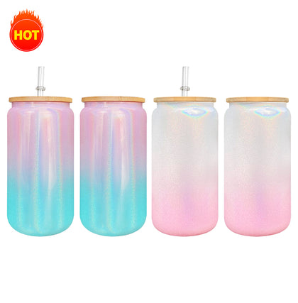 Sublimation Holographic ombré Shimmer Glass Tumbler w/ Bamboo Lid & Plastic Straw