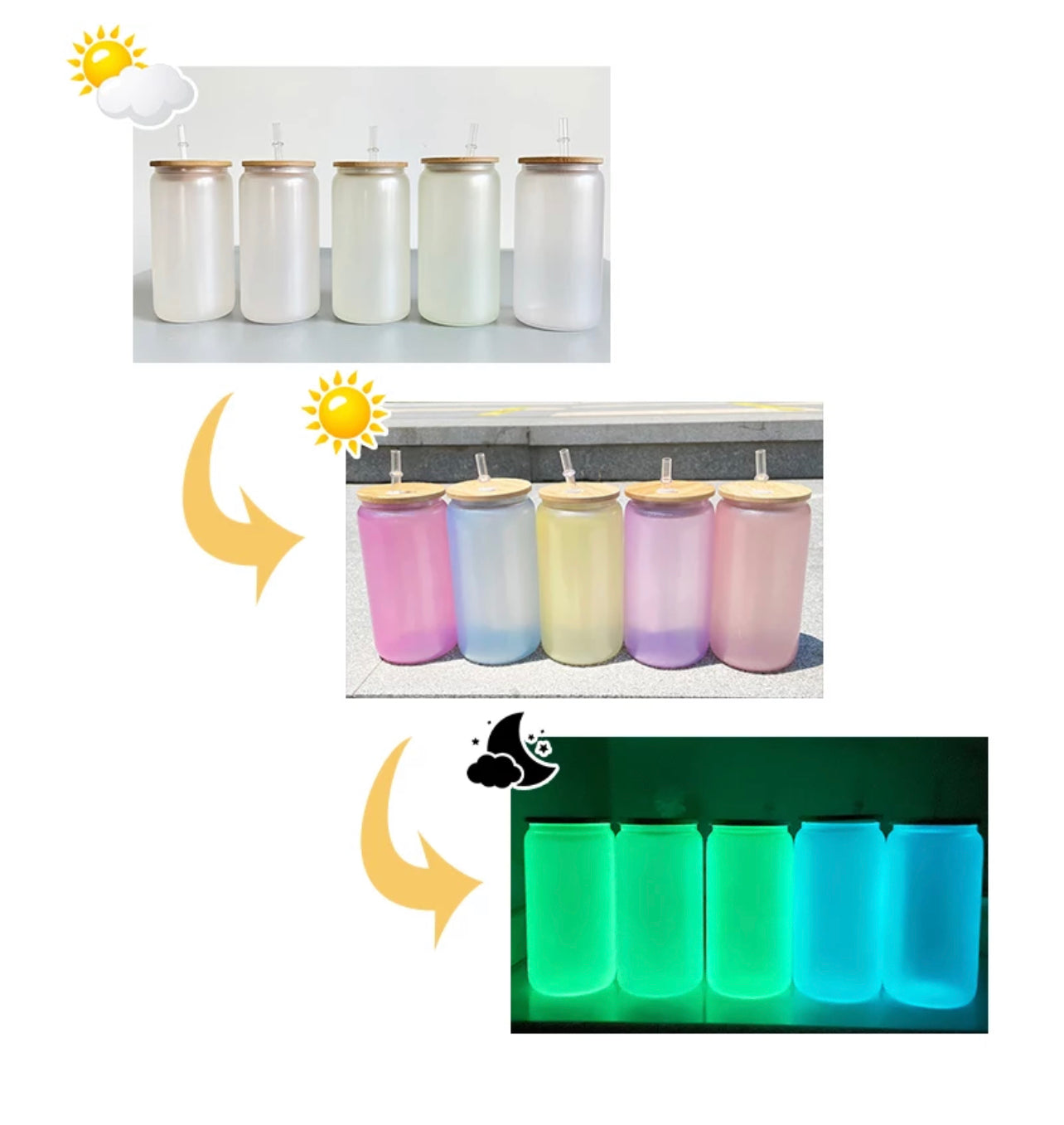 Uv + glow 16 oz Sublimation iridescent soda  glass jar w/ bamboo lid
