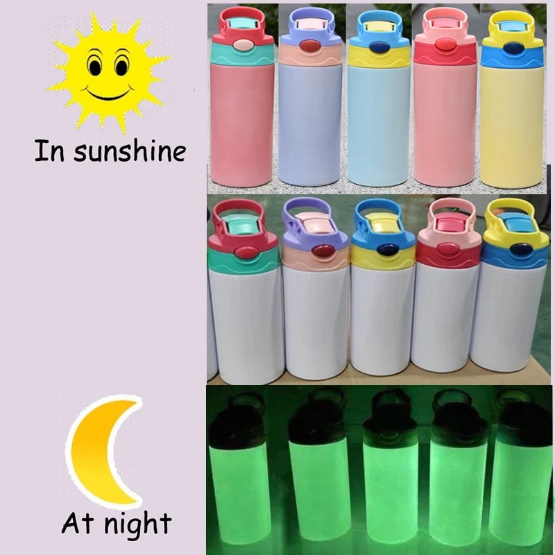 12OZ/ 350ML Sublimation UV Color Changing And Glow In The Dark Straight Kid Water Bottles Tumbler With 2 Function