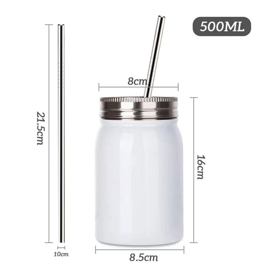 17oz. Blank Mason Jar - Double Walled Insulated Sublimation Tumbler - 500ml Stainless Steel Straight Cup with Metal Straw We Sub’N