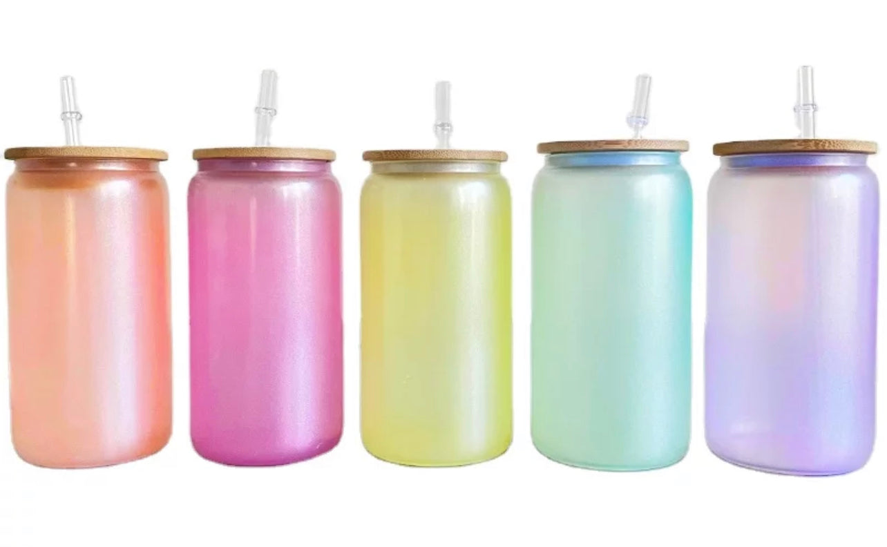Uv + glow 16 oz Sublimation iridescent soda  glass jar w/ bamboo lid We Sub’N