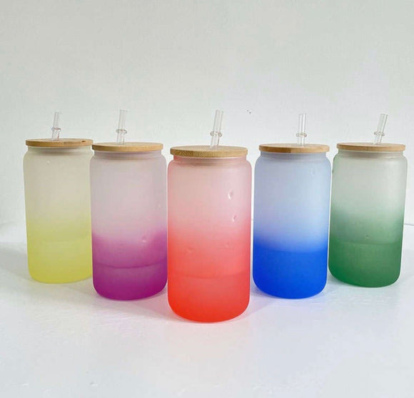 COLOR CHANGE (cold) Sublimation frosted soda  glass jar w/ bamboo lid