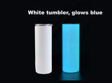 Sublimation SKINNY white to BLUE GLOW in the dark screw lid+METAL STRAW(semi gloss slightly textured)